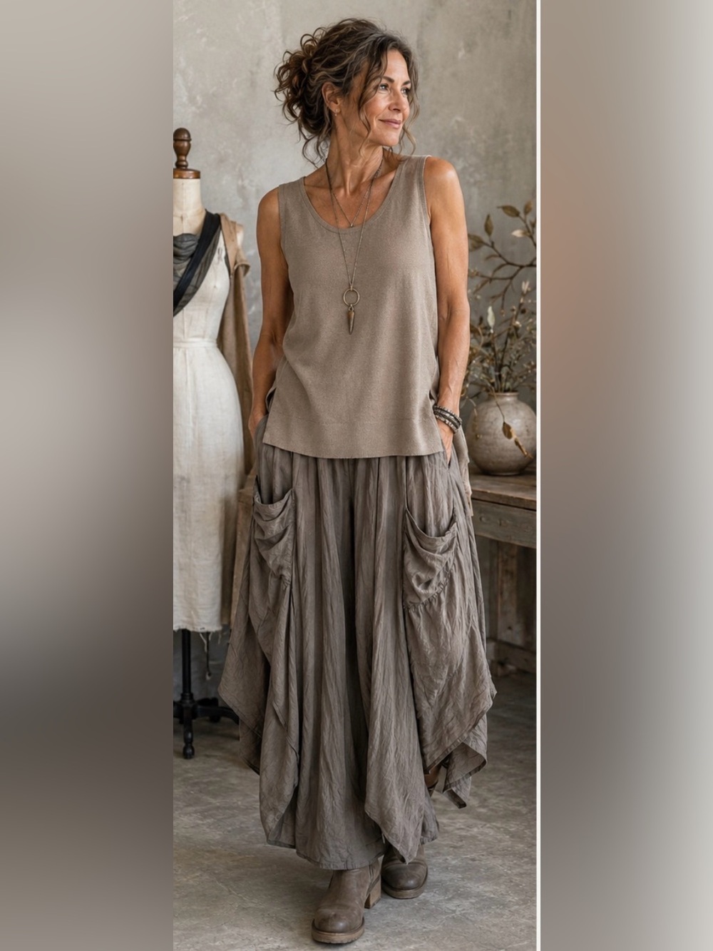 Ming Wang Taupe Knit Tank Top Sleeveless Side Slit Luxury Layering Size Large